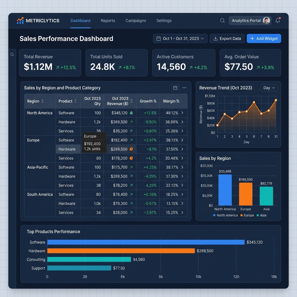 A high-fidelity, professional analytics dashboard interface featuring a prominent pivot table and various line and bar charts.